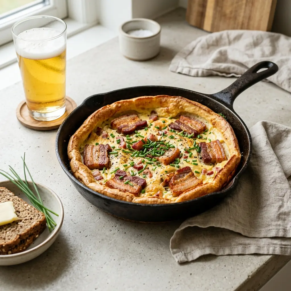 En lækker og traditionel æggekage med flæsk serveret på en pande klar til servering