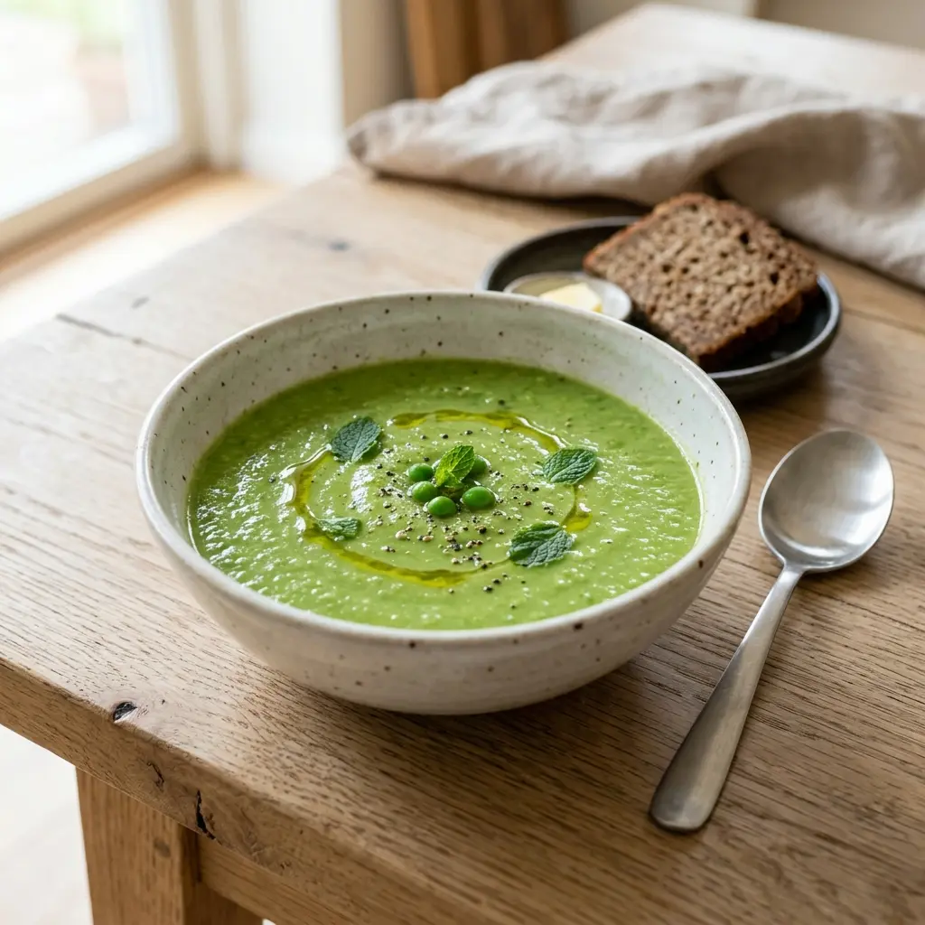 En skål med cremet og varm ærtesuppe pyntet med friske krydderurter og sprøde croutoner