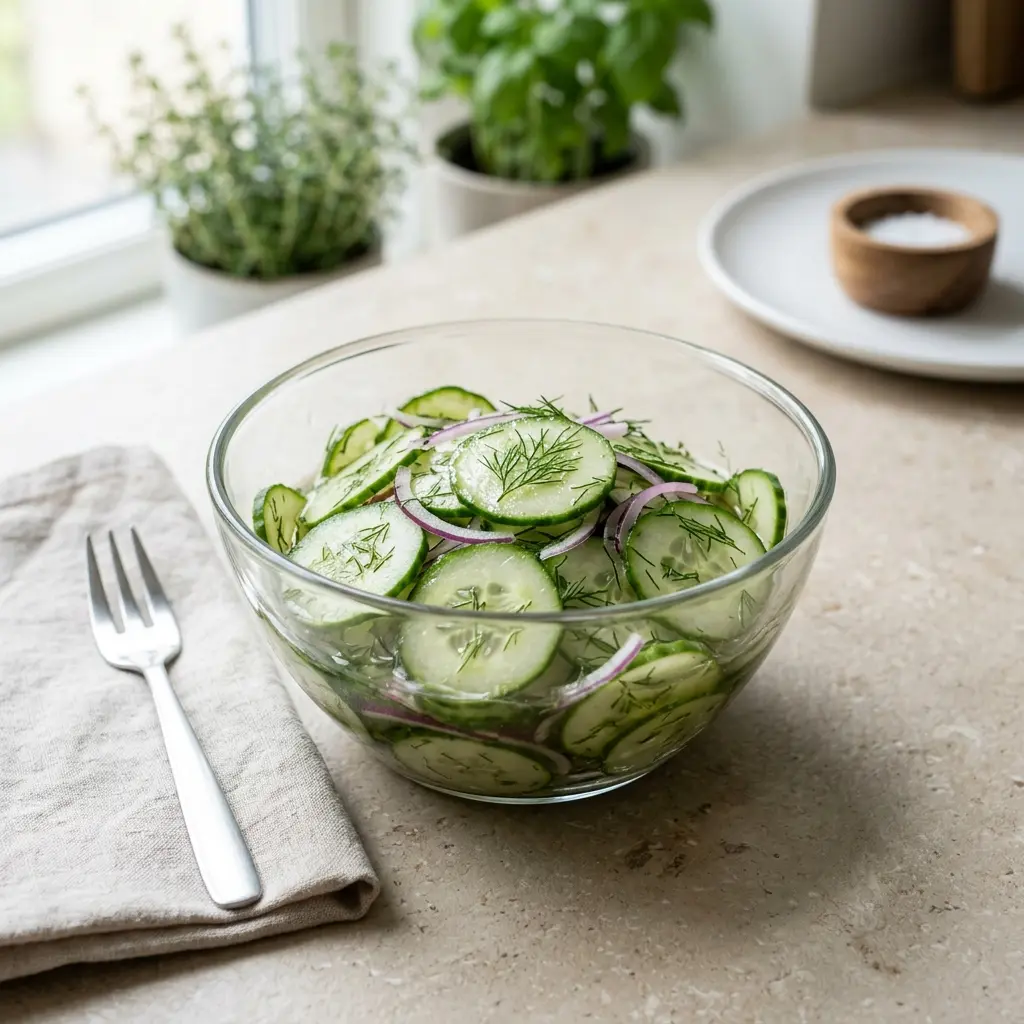 En hjemmelavet agurkesalat serveret i en lille skål som klassisk tilbehør til en dansk middag