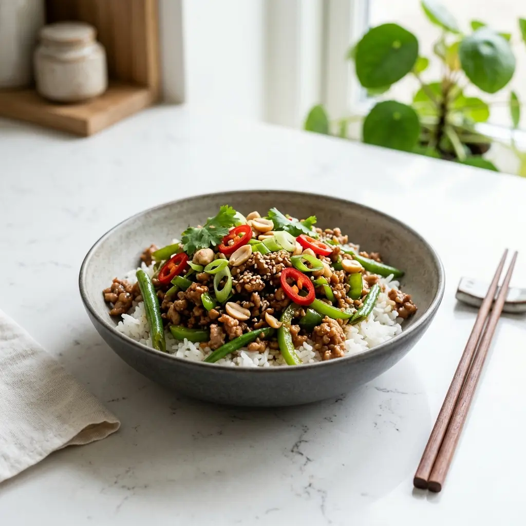 En lækker skål med asiatisk hakket svinekød serveret med friske grøntsager og dampende varme ris