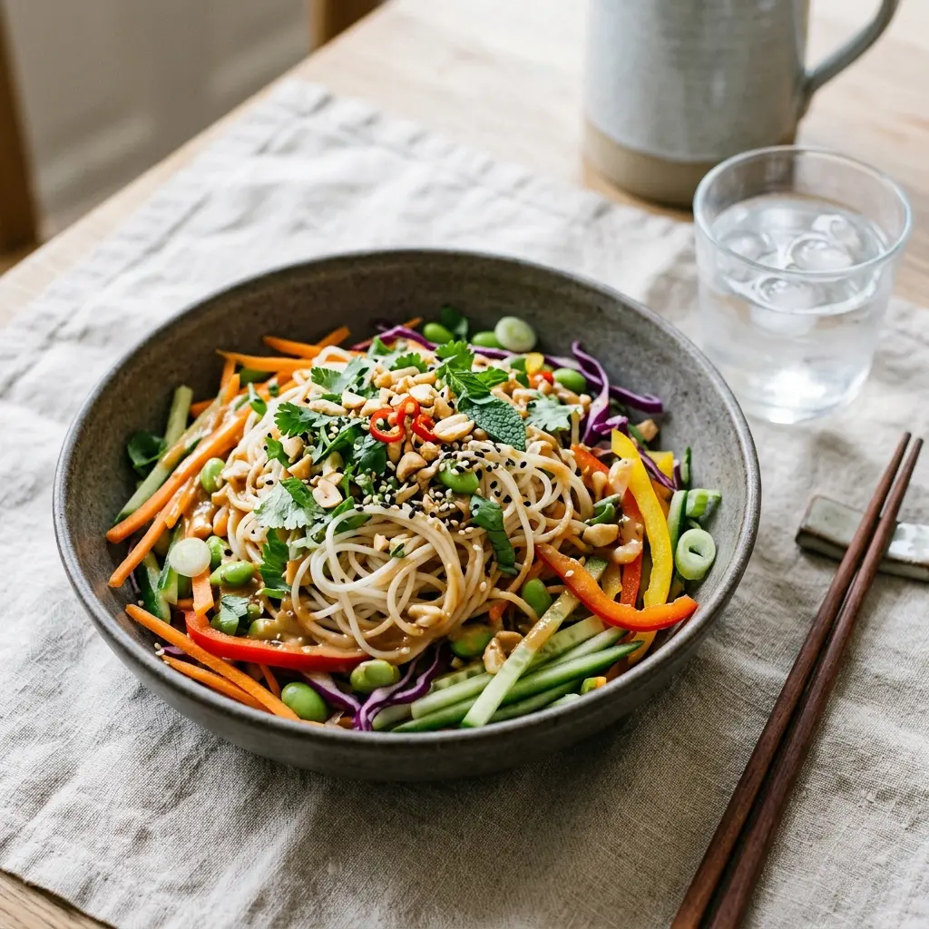 En farverig og frisk asiatisk nudelsalat serveret i en skål klar til at blive spist