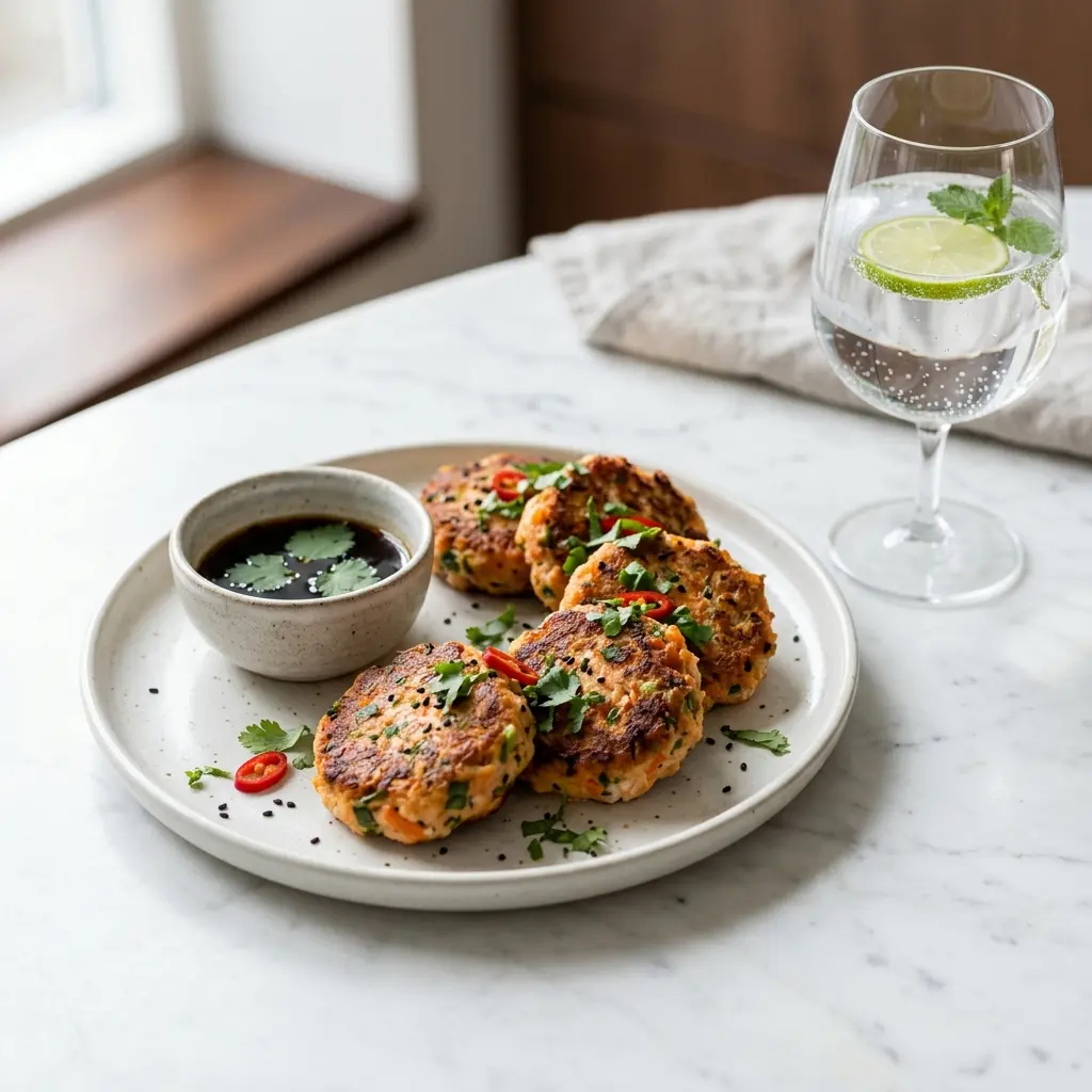 En tallerken med hjemmelavede asiatiske laksefrikadeller serveret med friske krydderurter og en lækker dip