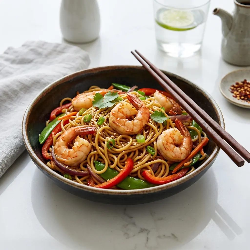 En lækker tallerken med asiatiske nudler med rejer toppet med friske krydderurter og lime