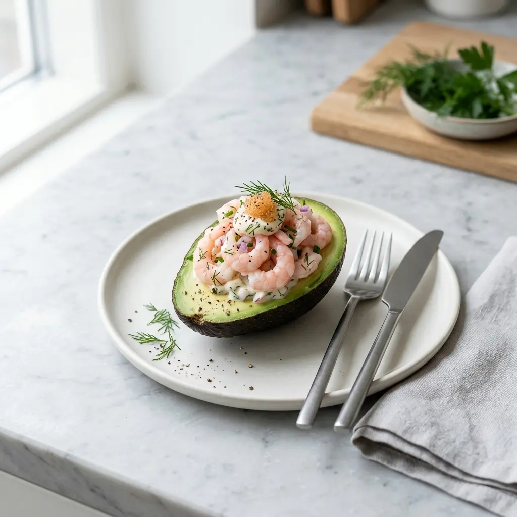 En flot anrettet avocado med rejer serveret som en frisk og velsmagende forret på tallerken
