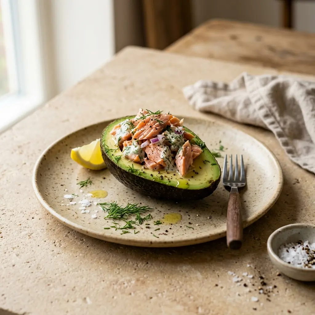 En smukt anrettet avocado med varmrøget laks serveret som en let og sund frokostret