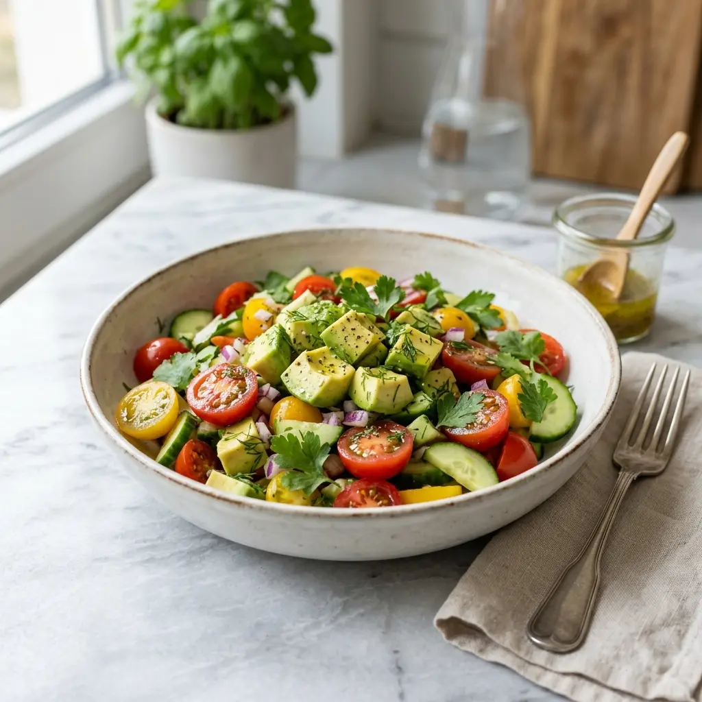 En frisk og farverig avocadosalat serveret i en skål som et sundt og let måltid