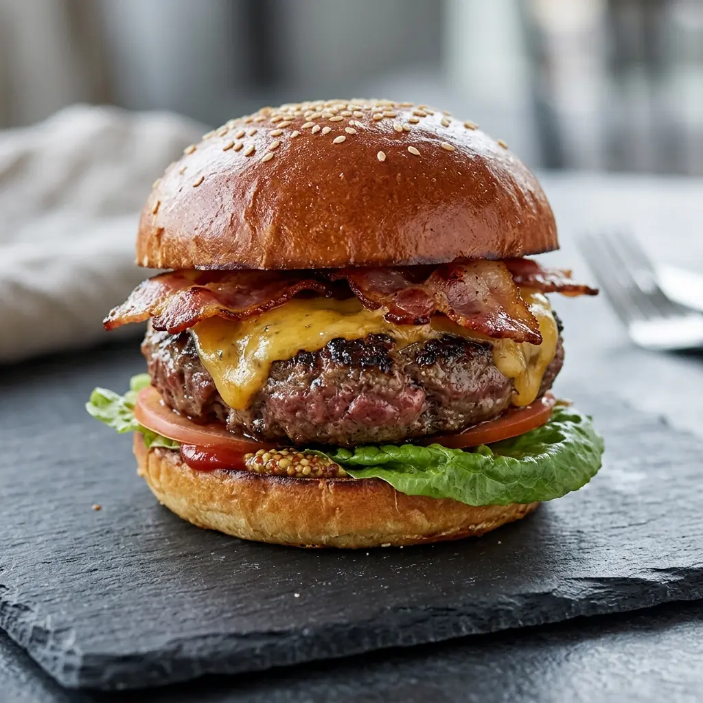 En saftig bacon cheeseburger med smeltet ost og sprødstegt bacon serveret i en blød bolle