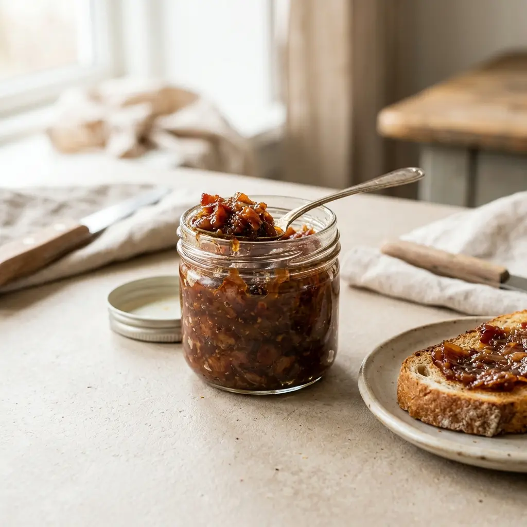 En lille skål med hjemmelavet bacon jam serveret som lækkert tilbehør til en god middag