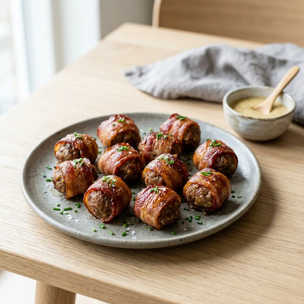 En lækker anretning af hjemmelavede baconbomber der er stegt sprøde og klar til servering