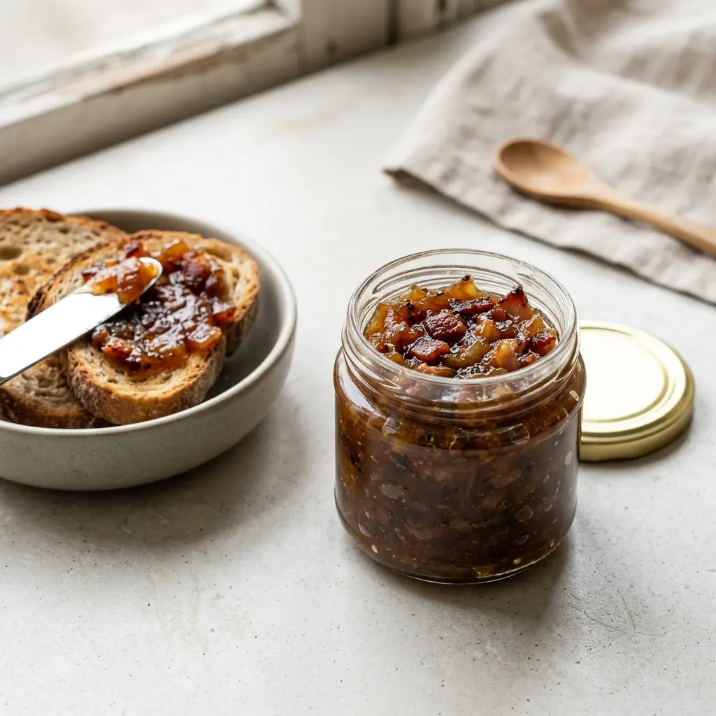En lille skål med hjemmelavet baconmarmelade placeret på et rustikt træbord klar til servering