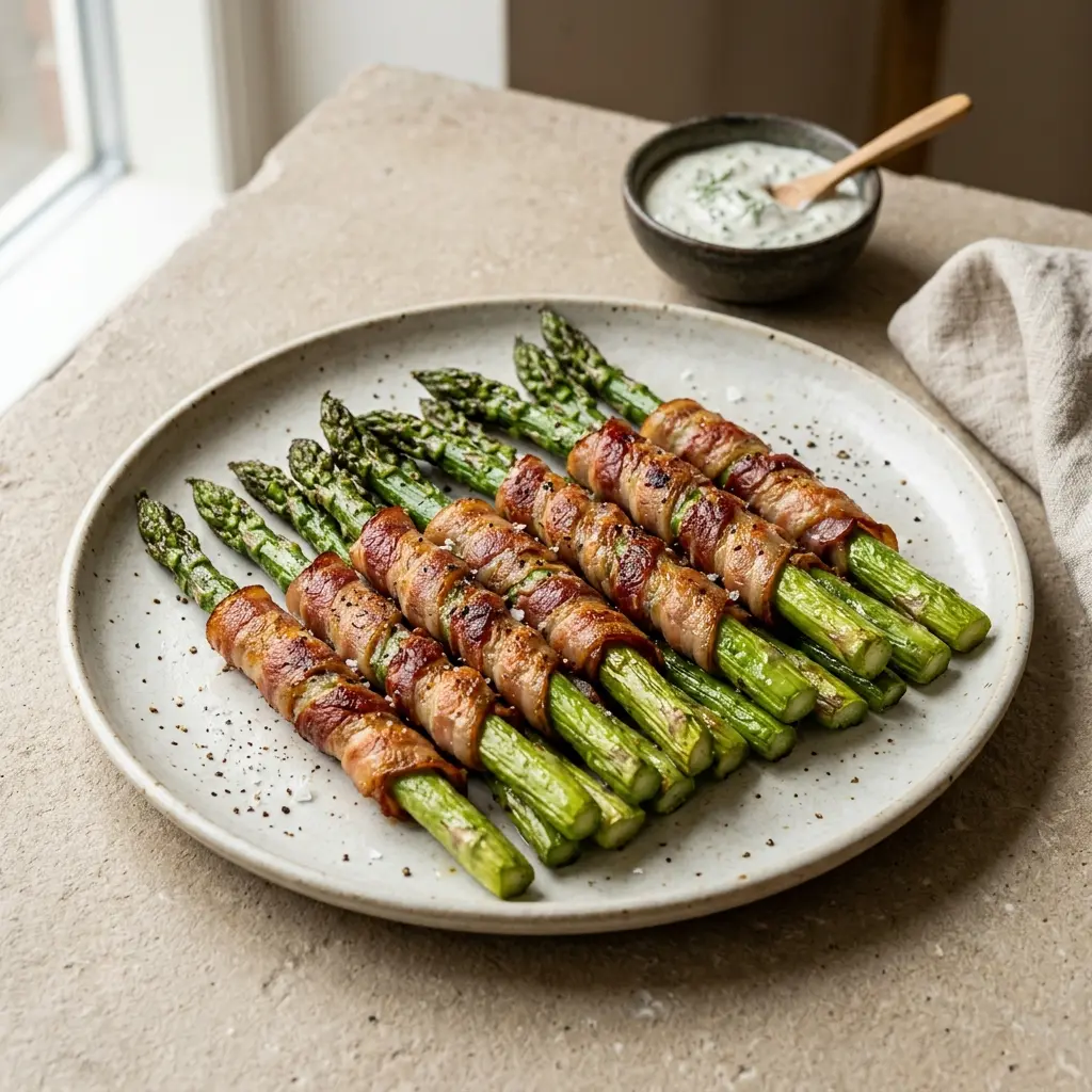 En lækker tallerken med frisklavede baconsvøbte asparges klar til at blive serveret som en velsmagende snack