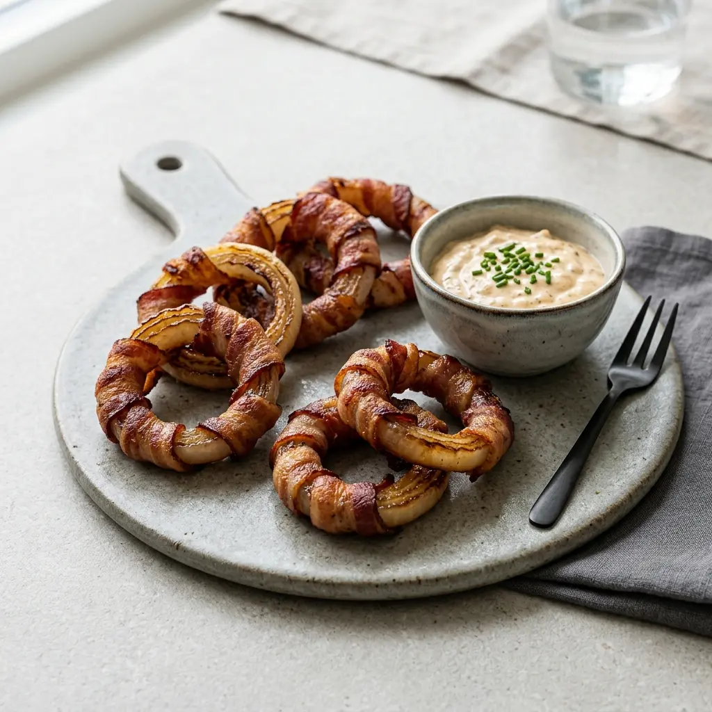 En lækker tallerken med sprøde baconsvøbte løgringe serveret som en velsmagende snack eller tilbehør