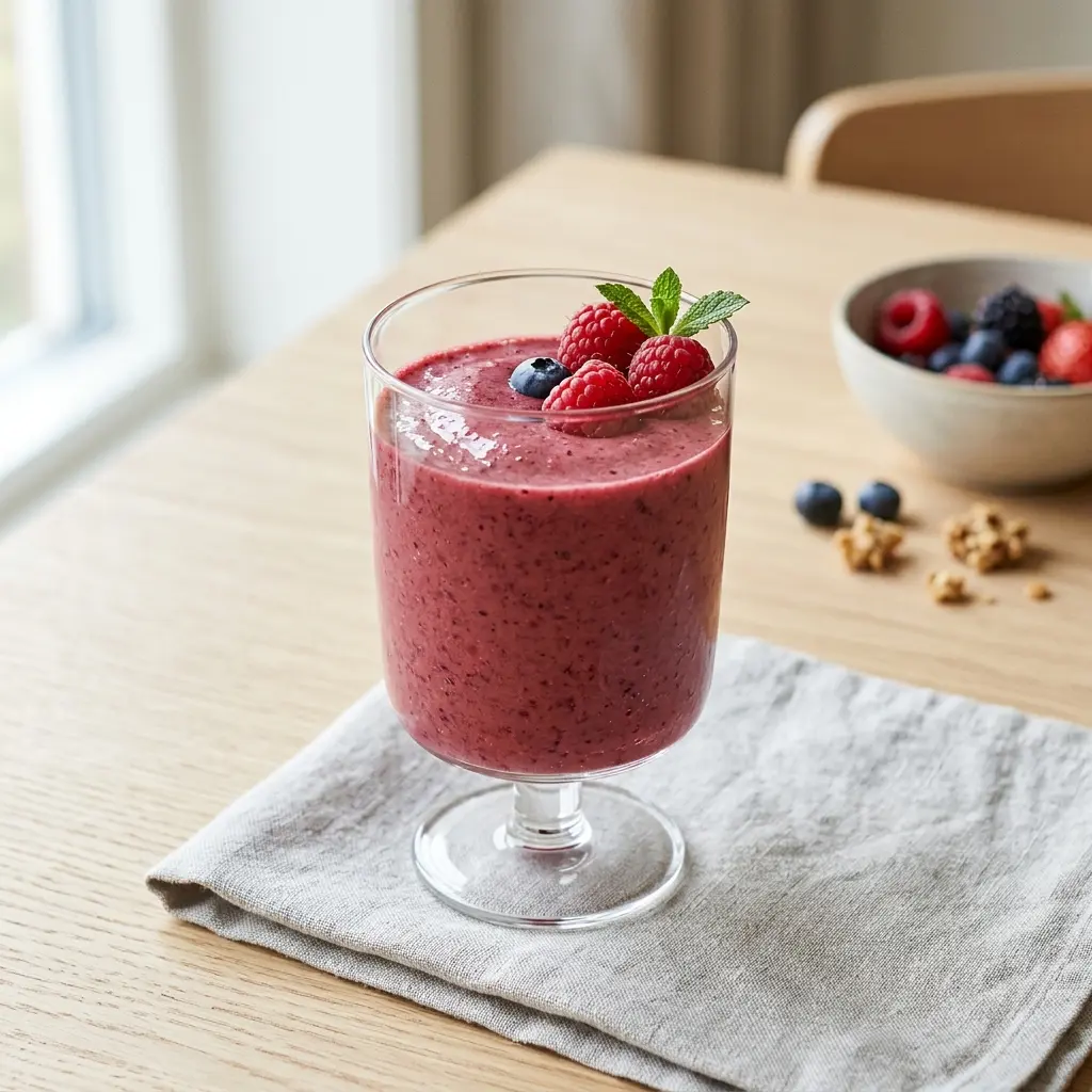 Et glas med en frisk og cremet bær smoothie pyntet med friske bær på toppen