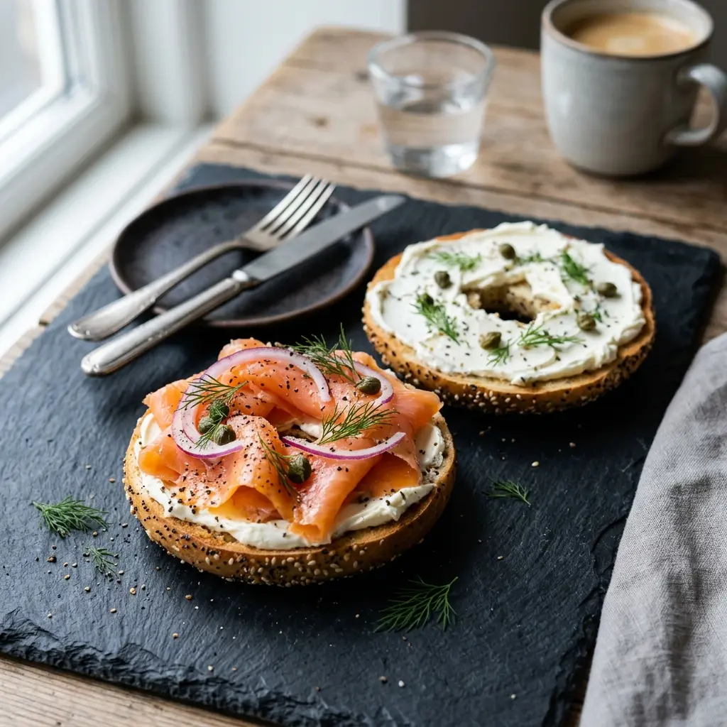 En lækker bagel med laks og flødeost serveret på en tallerken som en hurtig frokost