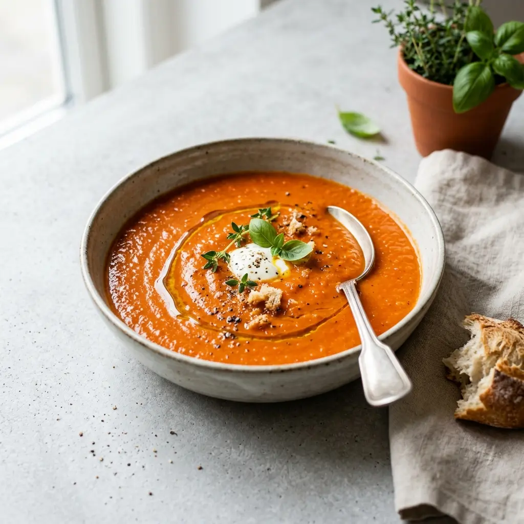 En cremet og smagfuld bagt peberfrugtsuppe serveret i en dyb tallerken med friske krydderurter på toppen