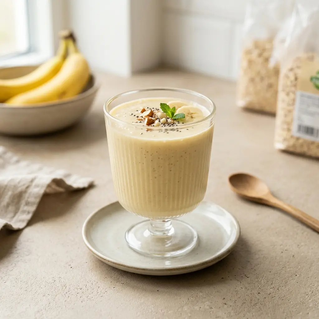Et glas med en cremet og frisk banansmoothie toppet med et lille stykke banan