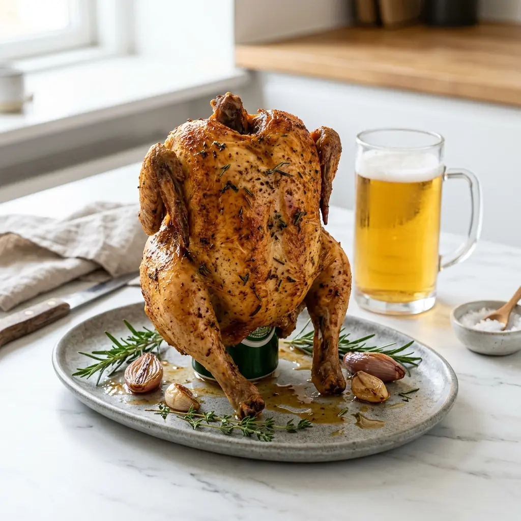 En lækker og saftig beer can chicken grillet til perfektion med en gylden og sprød skindside