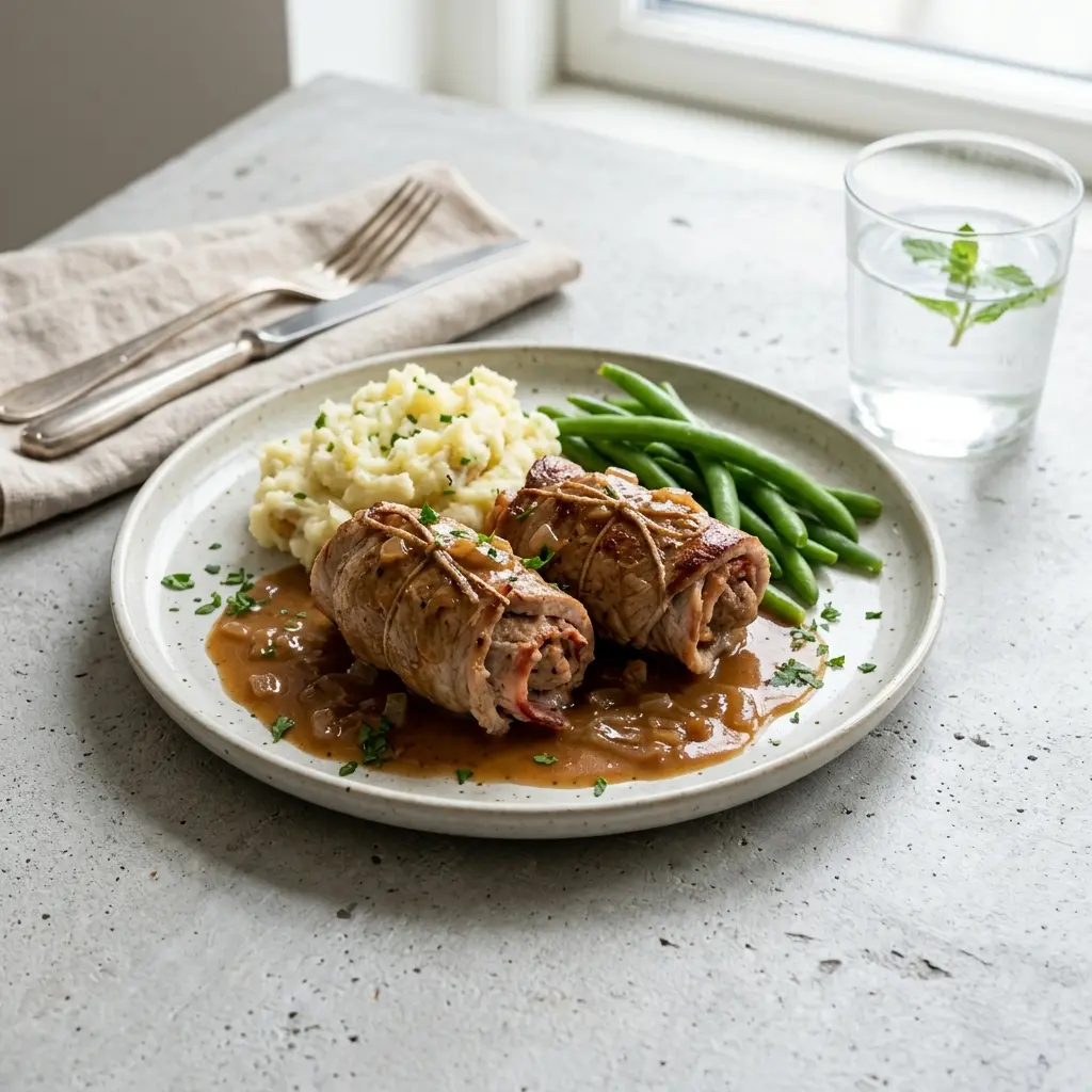 En tallerken med klassiske benløse fugle med svinefars serveret med brun sovs og kartofler