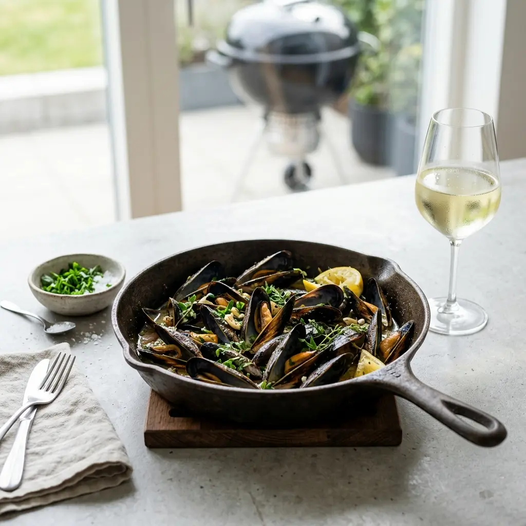 En lækker portion frisklavede blaamuslinger å grill serveret med friske krydderurter og citron på en tallerken