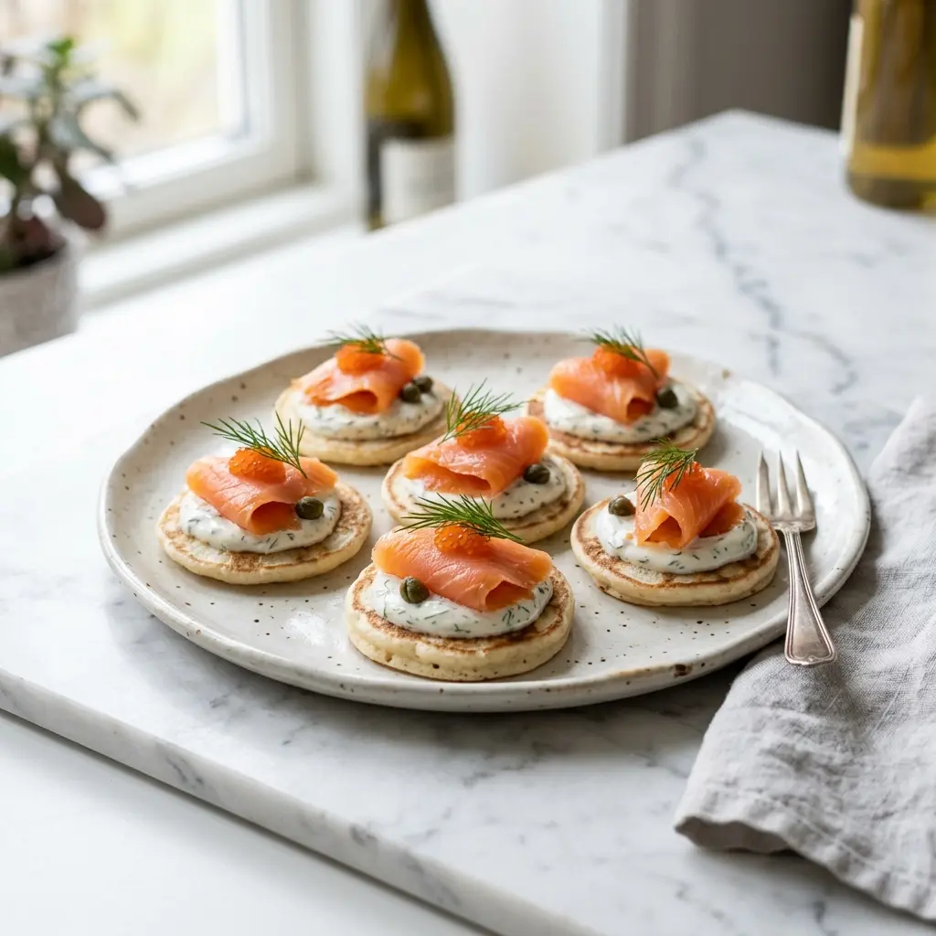En flot anretning af blinis med røget laks pyntet med friske krydderurter på en tallerken
