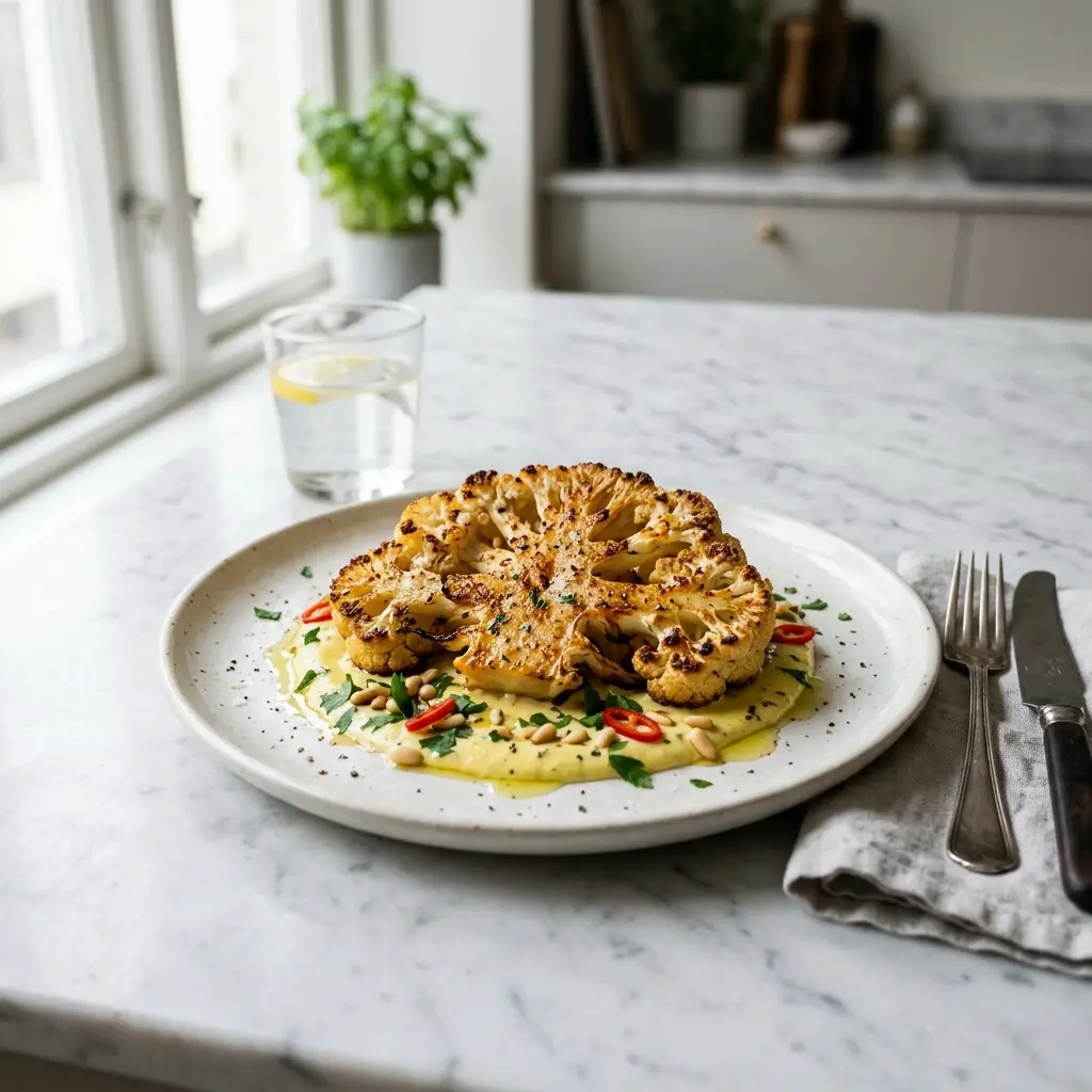 En lækker og veltilberedt blomkaalssteak serveret på en tallerken som et sundt vegetarisk måltid