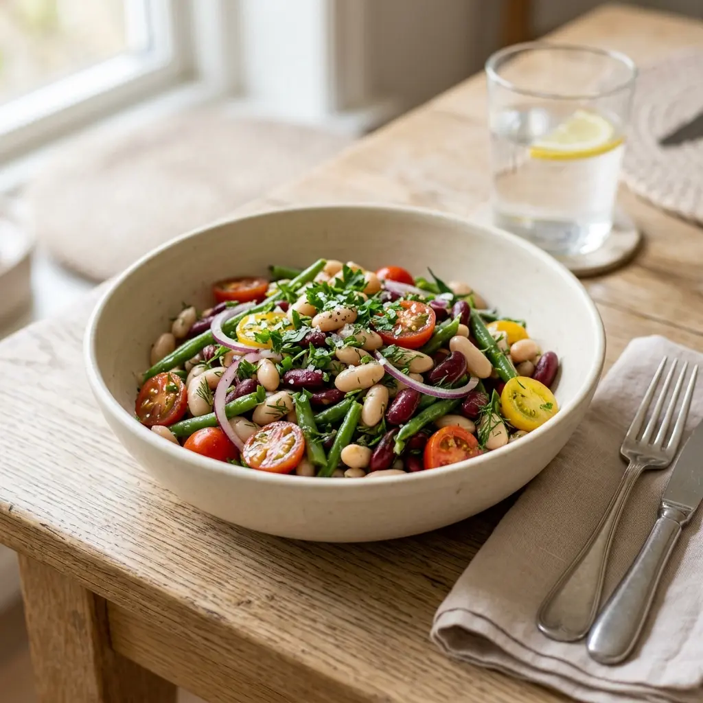 En frisk og farverig bønnesalat serveret i en skål som et sundt og velsmagende tilbehør