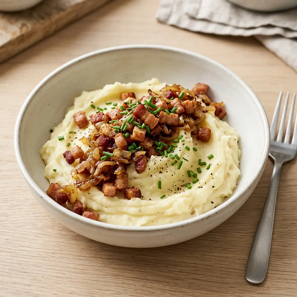 En lækker tallerken med klassisk brændende kærlighed med kartoffelmos toppet med sprødstegt bacon og løg