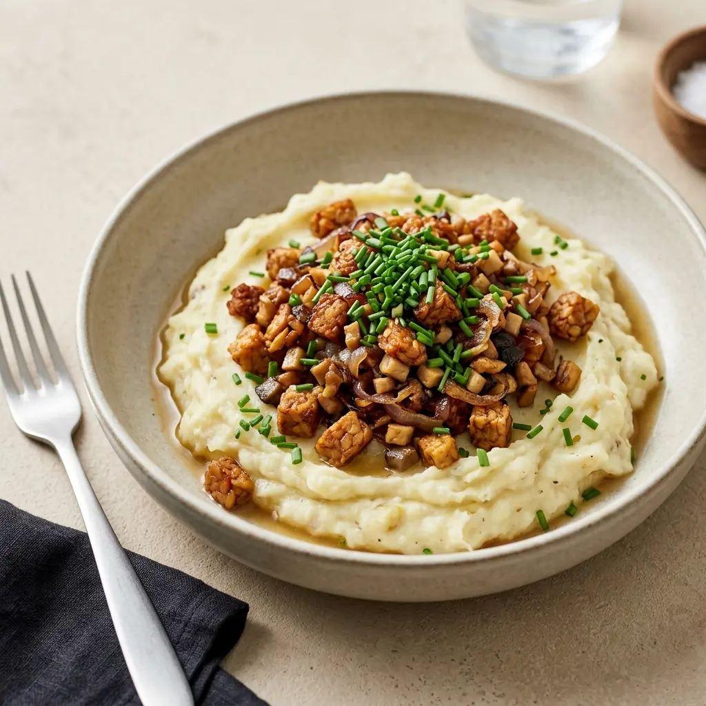 En lækker tallerken med brændende kærlighed vegetarisk serveret med kartoffelmos og stegte løg med svampe