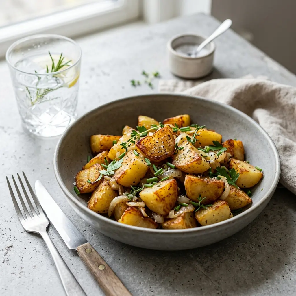 En tallerken med gyldne og sprøde brasede kartofler serveret som et klassisk og velsmagende tilbehør