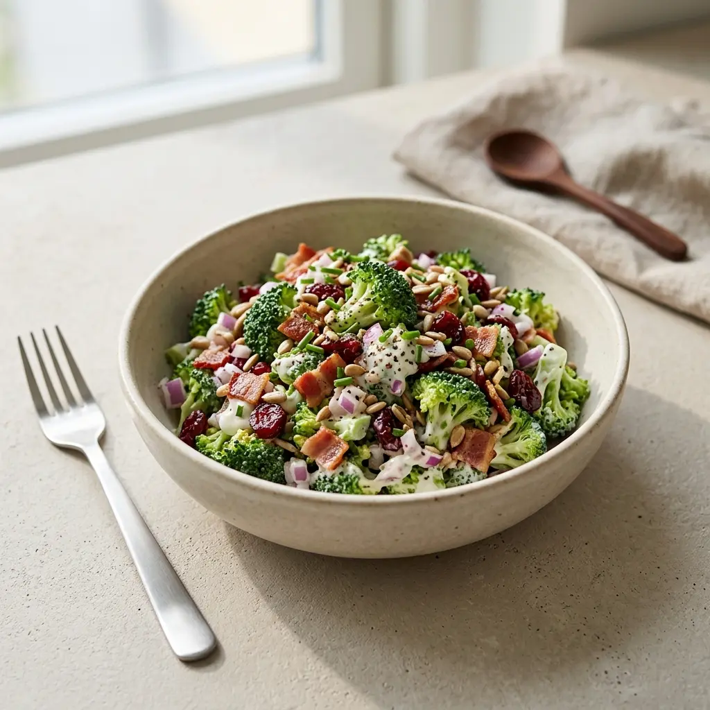 En frisk og sprød broccolisalat anrettet i en skål klar til servering som sundt tilbehør
