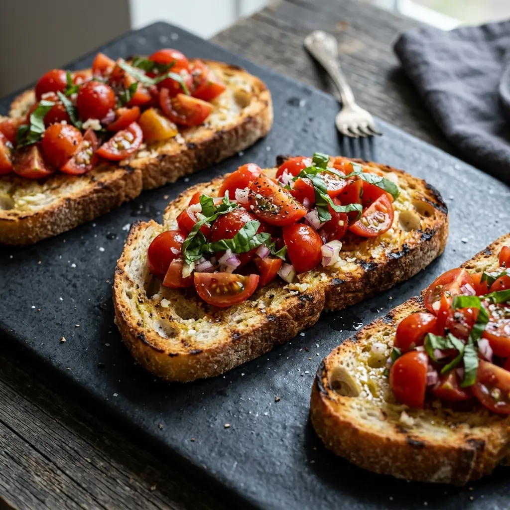 En tallerken med lækker og sprød bruschetta med hvidløg toppet med friske krydderurter og olivenolie