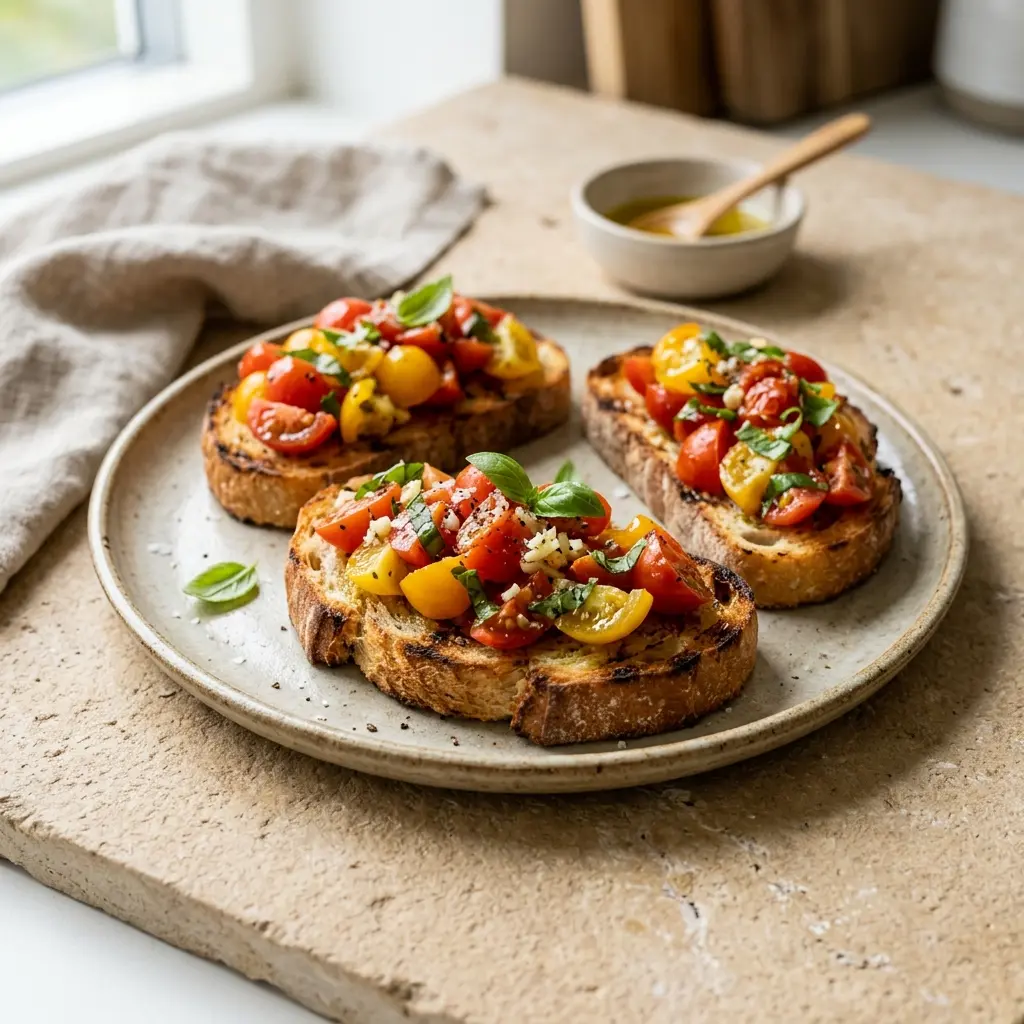 En lækker italiensk forret bestående af sprødt ristet brød toppet med frisk bruschetta med tomat