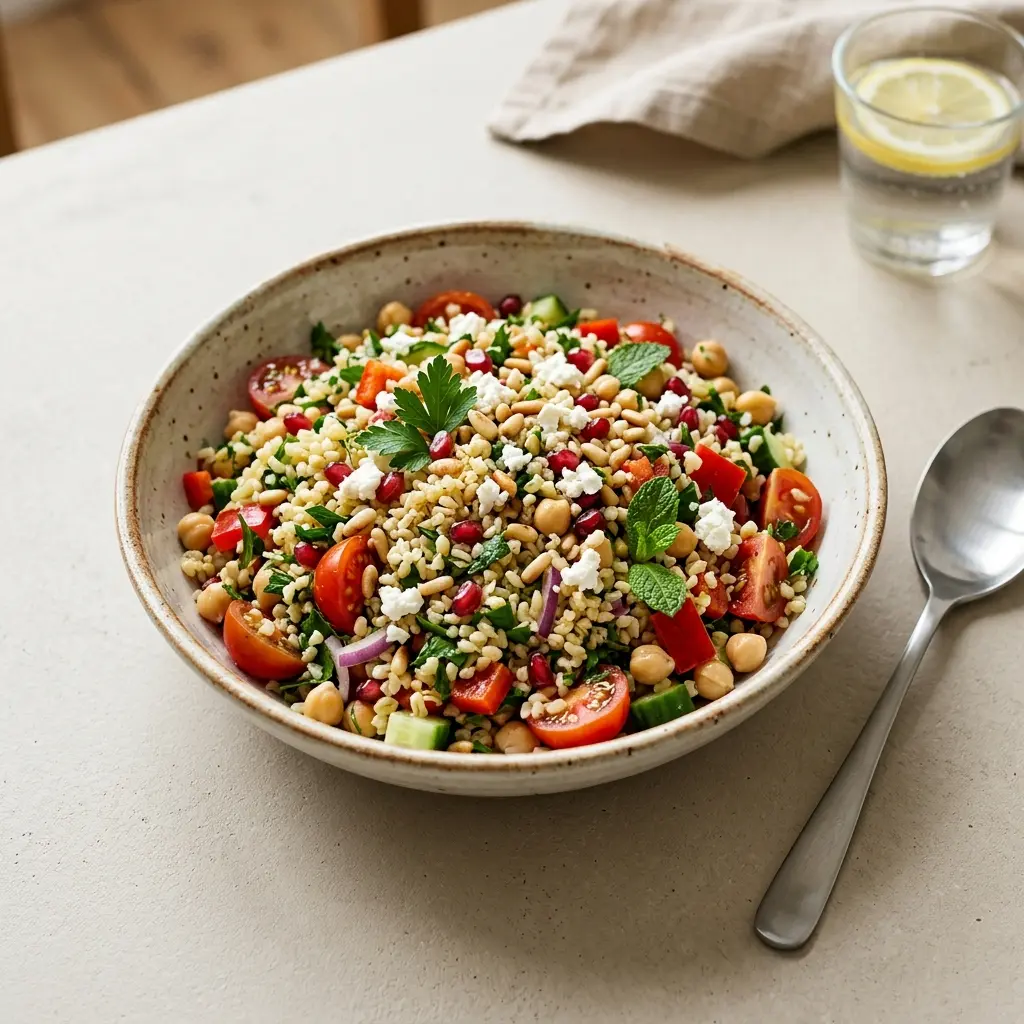 En frisk og farverig bulgursalat serveret i en flot skål som et sundt tilbehør