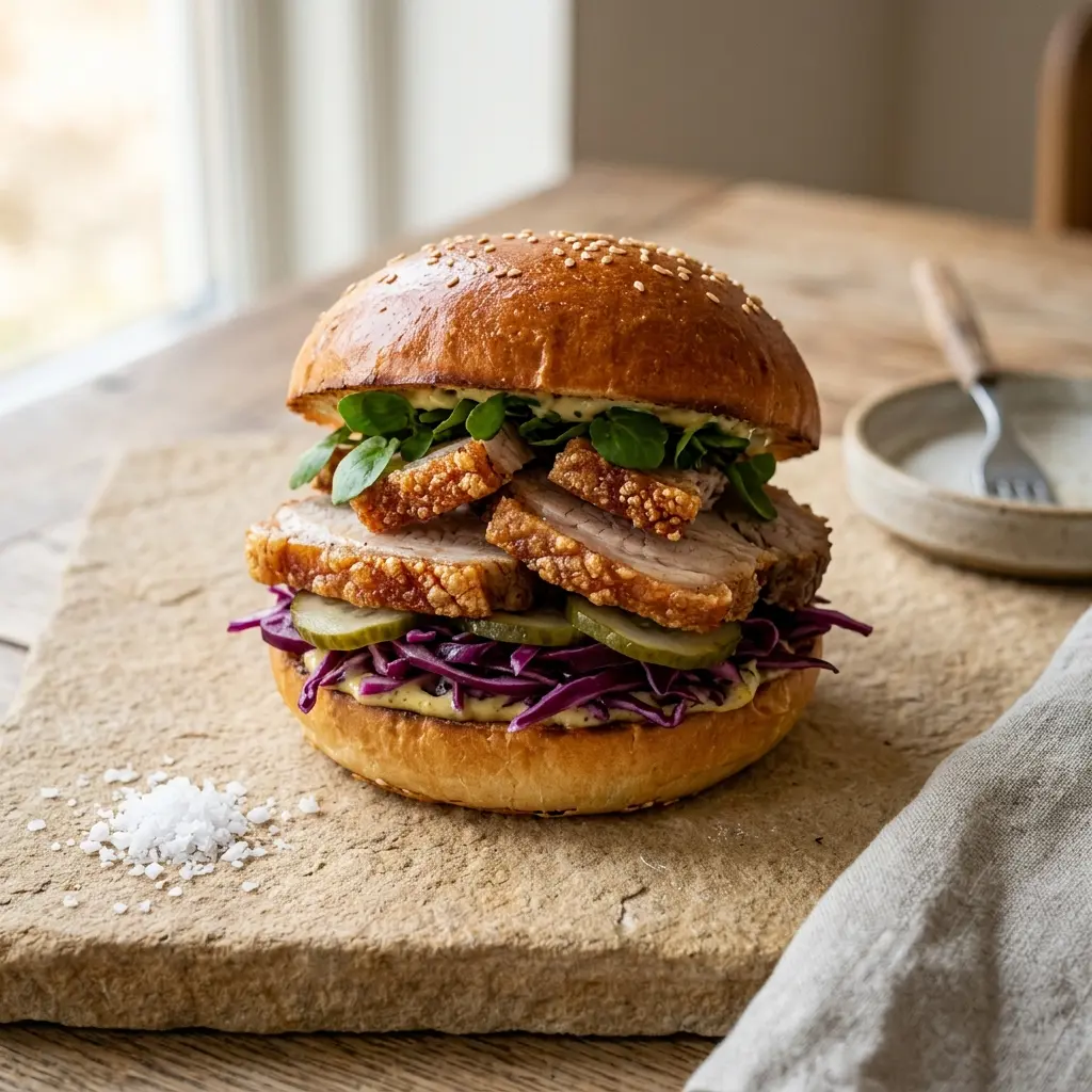 En lækker og saftig burger med flæskesteg serveret i en blød bolle med sprøde svær