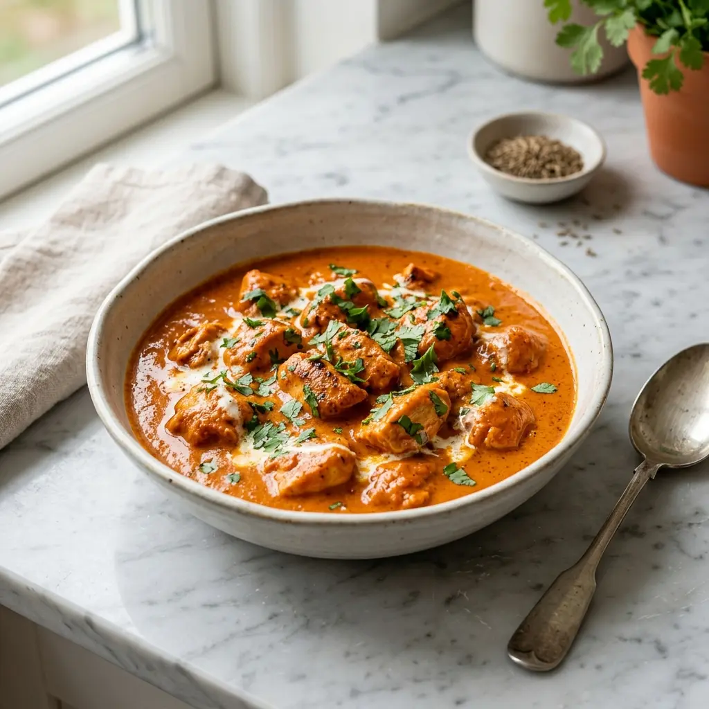 En lækker portion butter chicken serveret i en skål med cremet sauce og frisk koriander