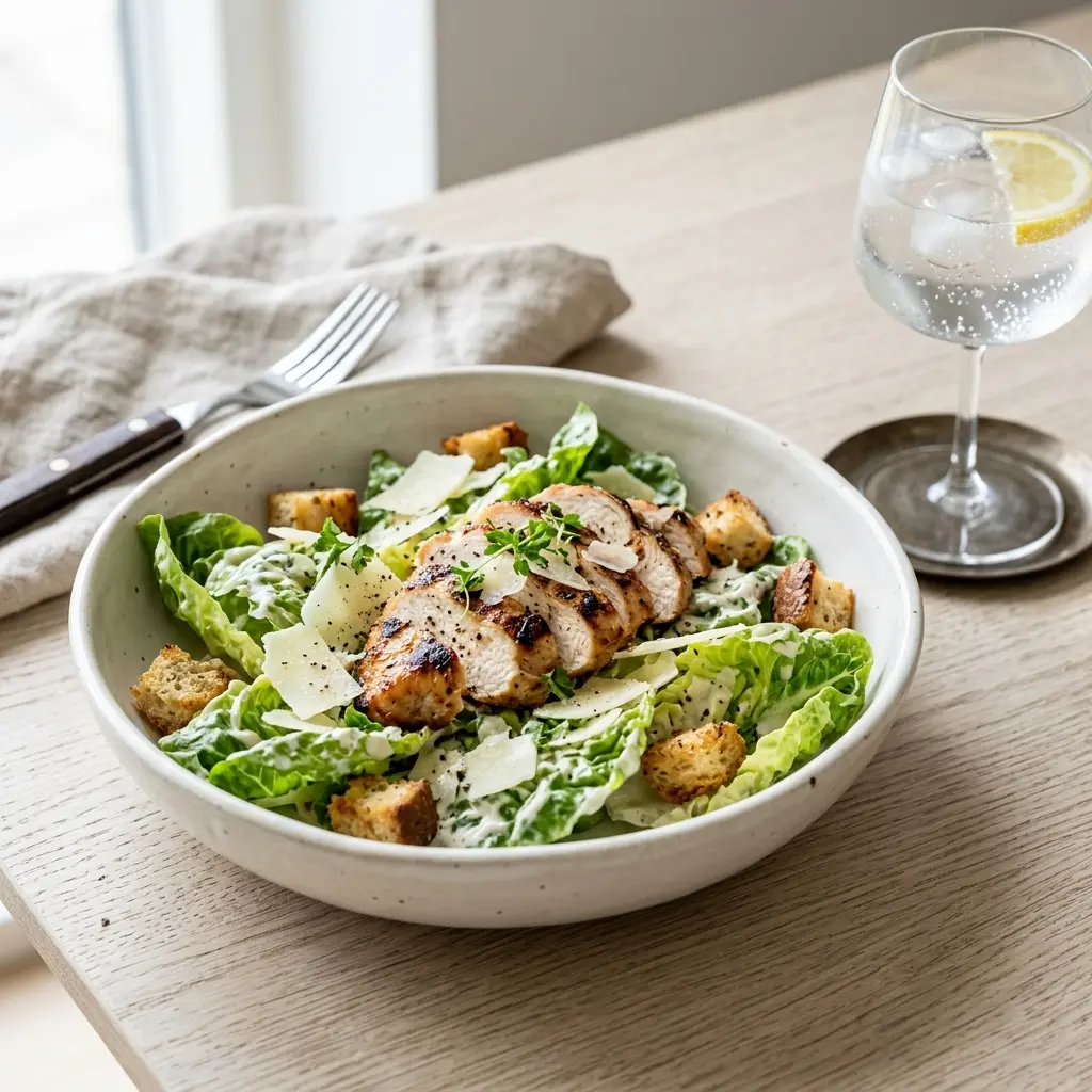 En lækker og sprød cæsarsalat serveret i en stor skål med masser af parmesanost