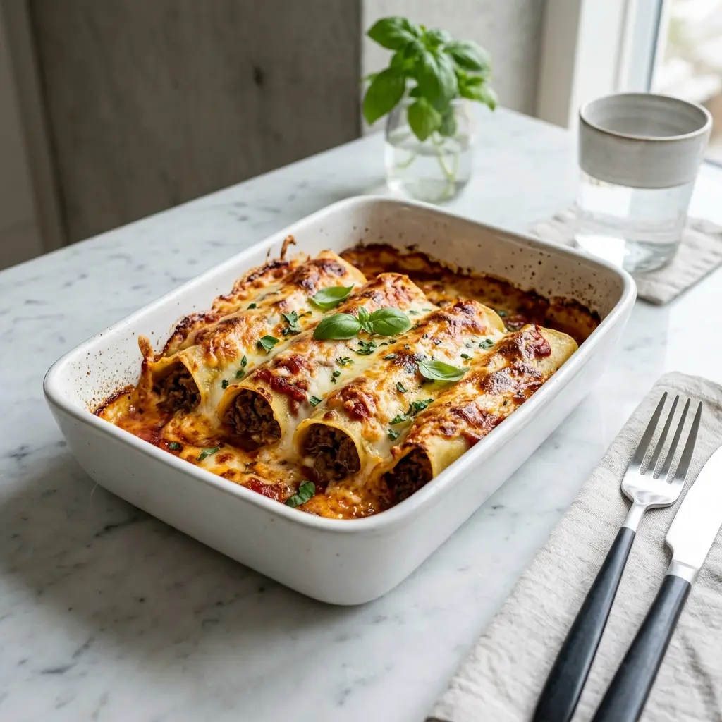 En lækker portion hjemmelavet cannelloni med oksekød serveret i et ovnfast fad med smeltet ost