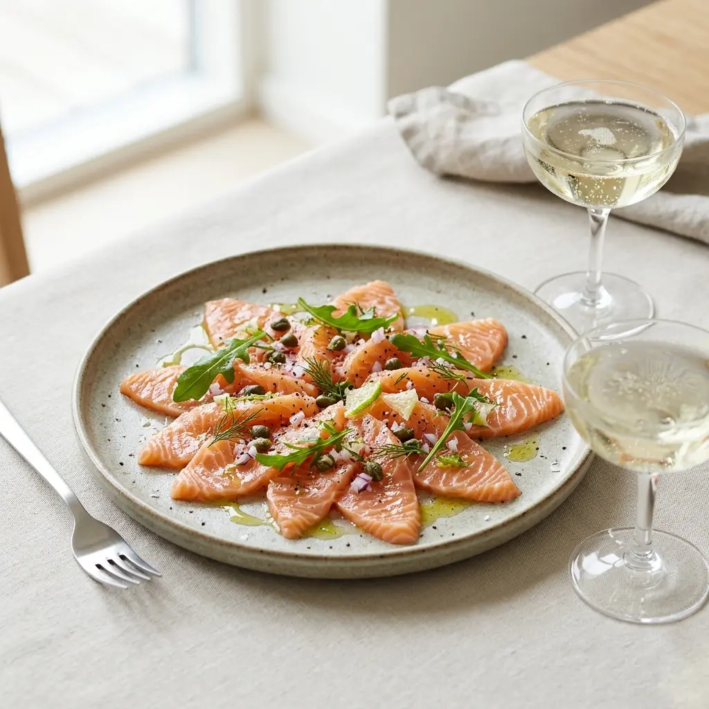 En flot anrettet carpaccio af laks serveret med friske krydderurter på en hvid tallerken