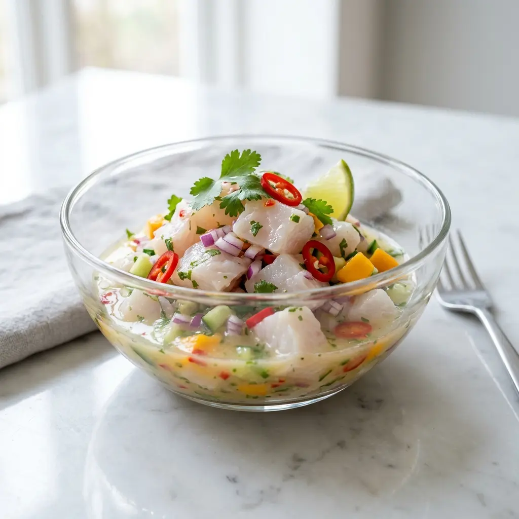 En frisk og delikat ceviche af torsk anrettet i en skål med sprøde grøntsager og lime