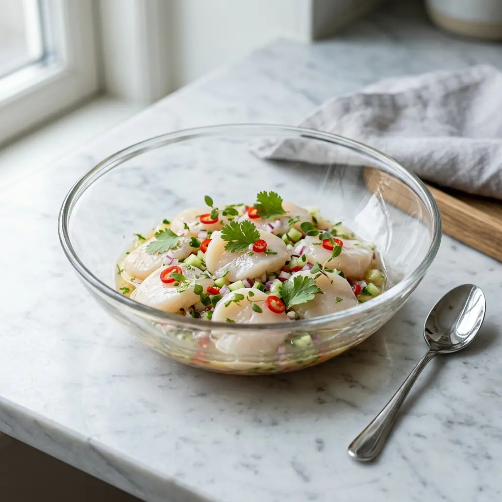 En frisk og elegant servering af ceviche med kammuslinger anrettet i en lille skål