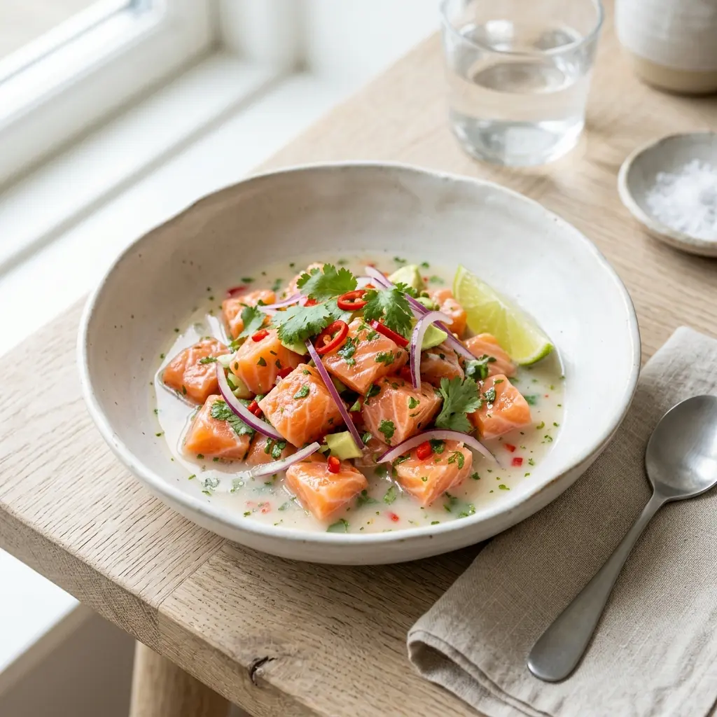 En frisk og farverig tallerken med ceviche med laks anrettet med lime og friske krydderurter