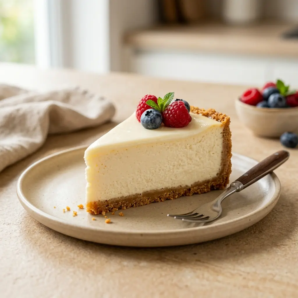 Et flot stykke cremet cheesecake serveret på en hvid tallerken klar til at blive spist
