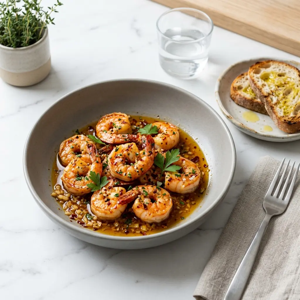 En lækker tallerken med frisklavede chili hvidløgsrejer serveret med krydderurter og et stykke sprødt brød