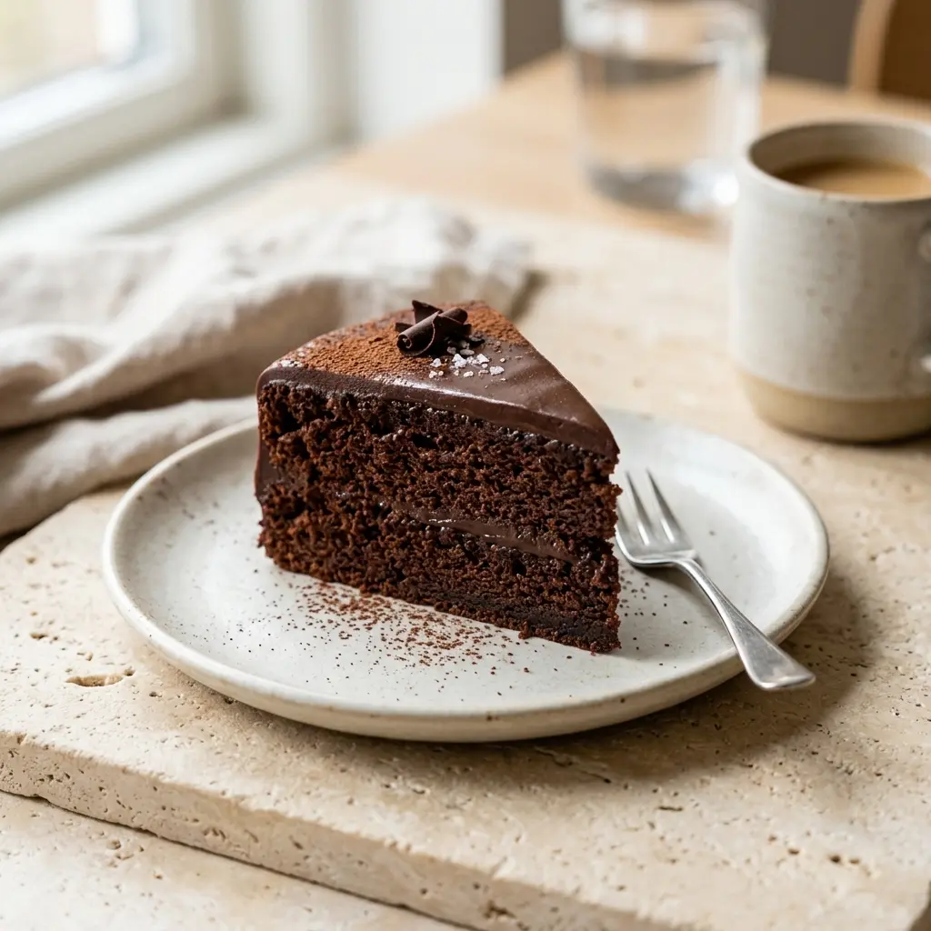 Et nærbillede af en saftig og lækker chokoladekage serveret på en elegant hvid tallerken