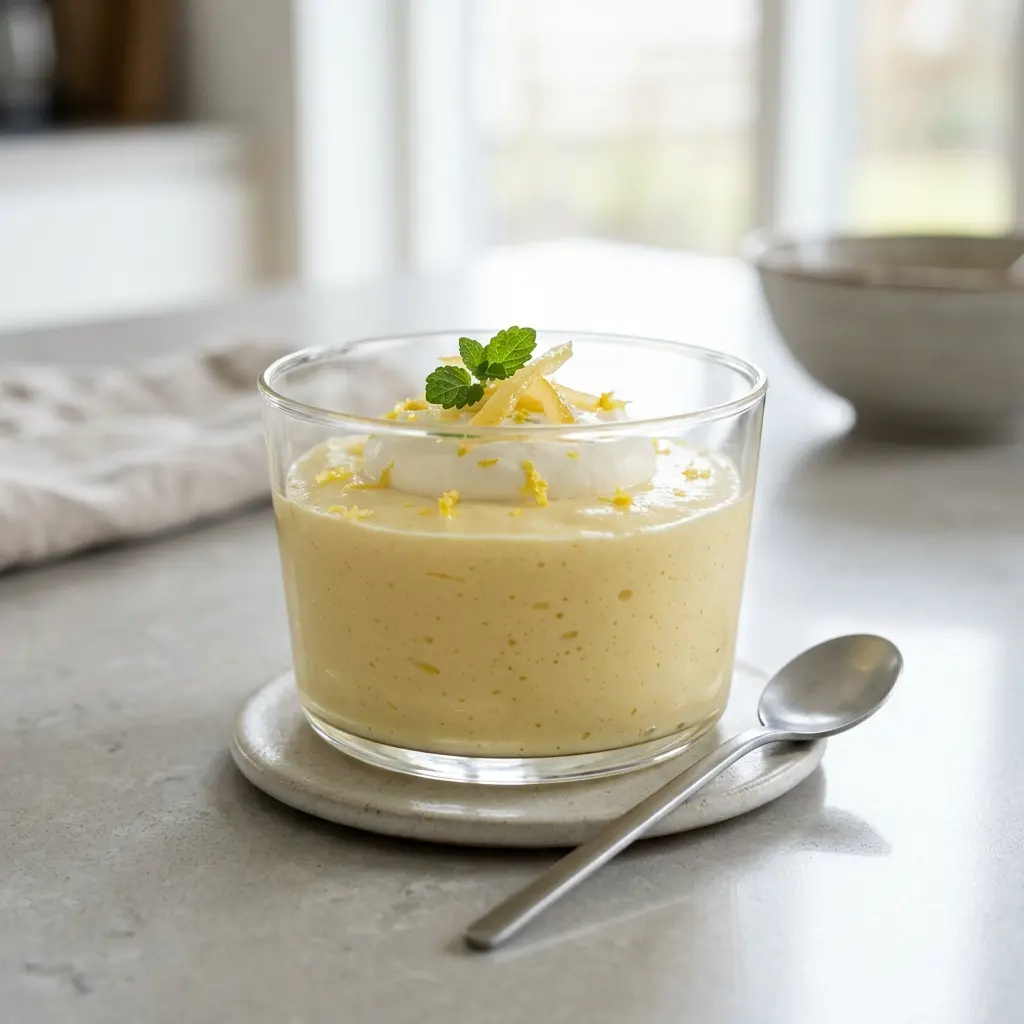 En klassisk luftig citronfromage serveret i en elegant glasskål med en top af flødeskum
