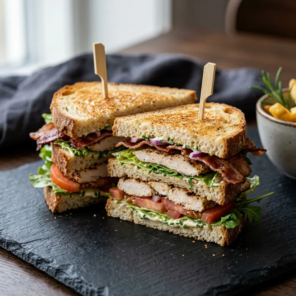 En lækker og sprød club sandwich med kylling serveret på en tallerken med friske ingredienser