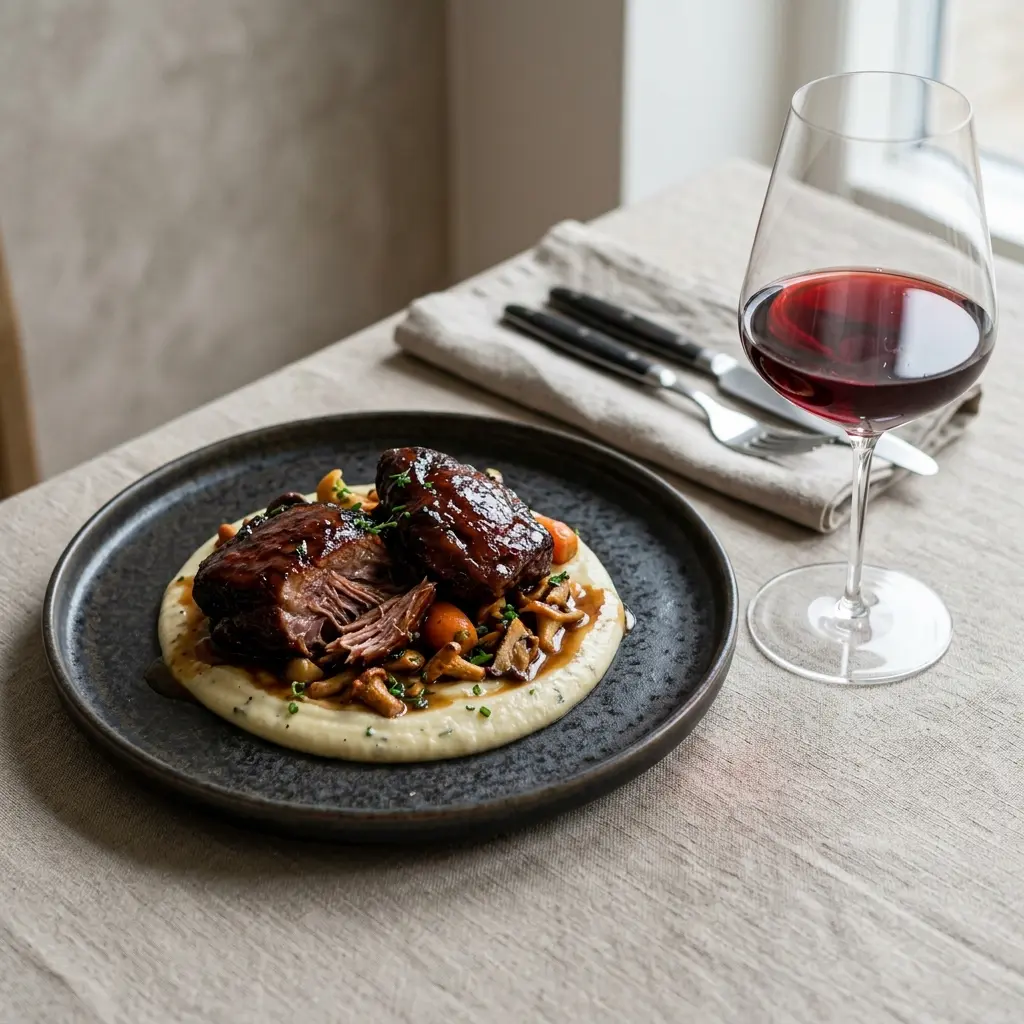 En lækker tallerken med møre confiterede svinekæber serveret med en fyldig sauce og friske krydderurter