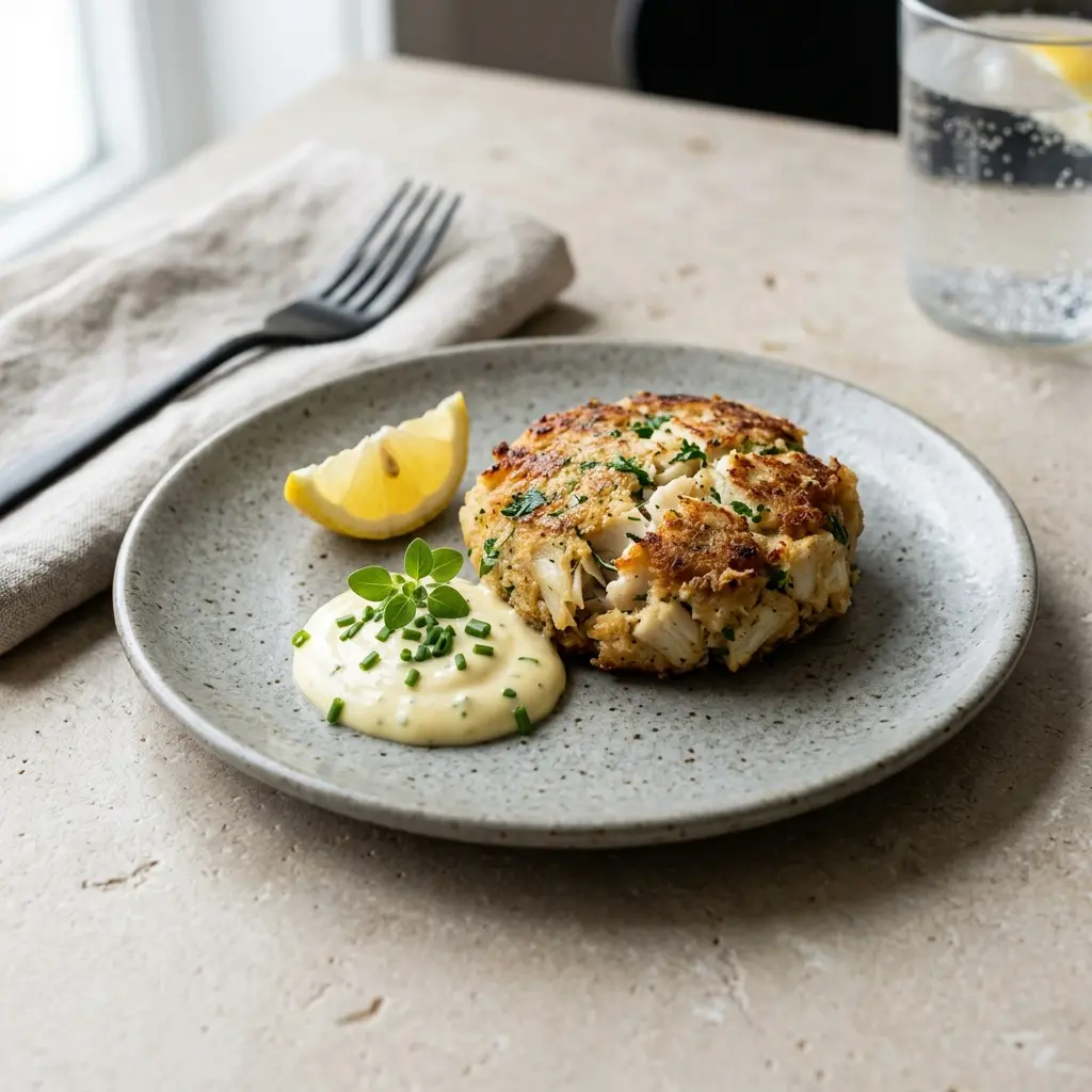 En tallerken med sprøde og gyldne crab cakes serveret med en frisk citronbåd og krydderurter