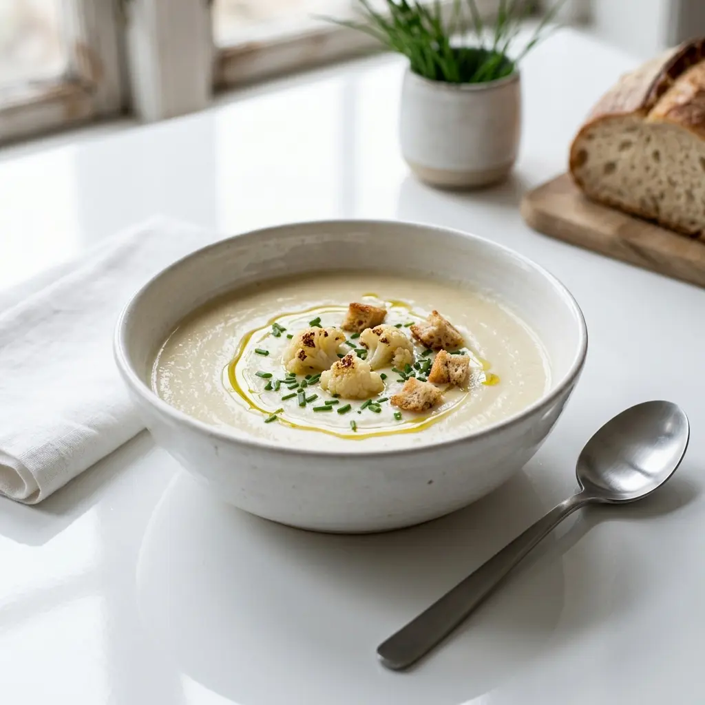 En skål med hjemmelavet cremet blomkaalssuppe pyntet med friske krydderurter og en smule olivenolie på toppen