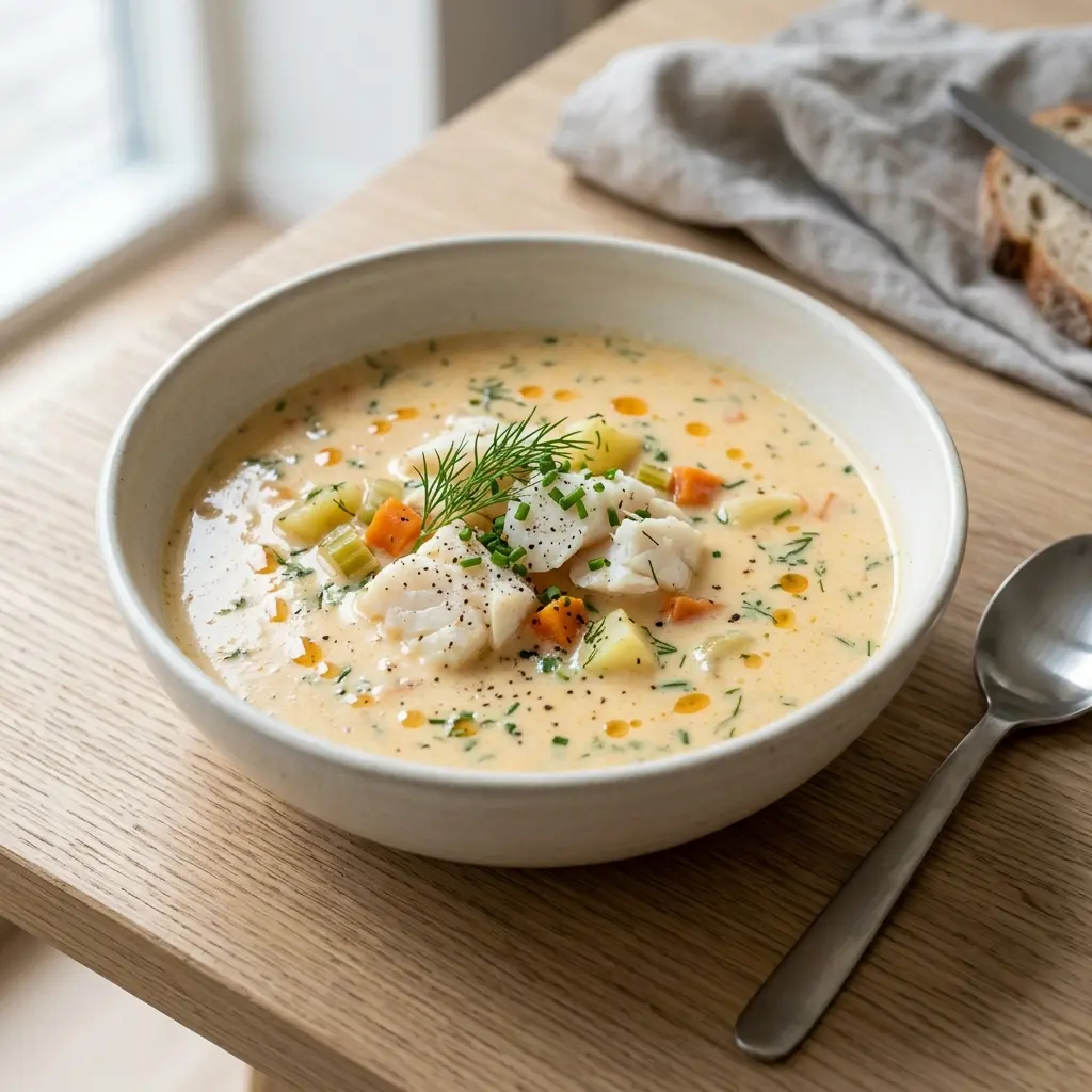 En tallerken med cremet fiskesuppe med torsk serveret med friske krydderurter og lunt brød til